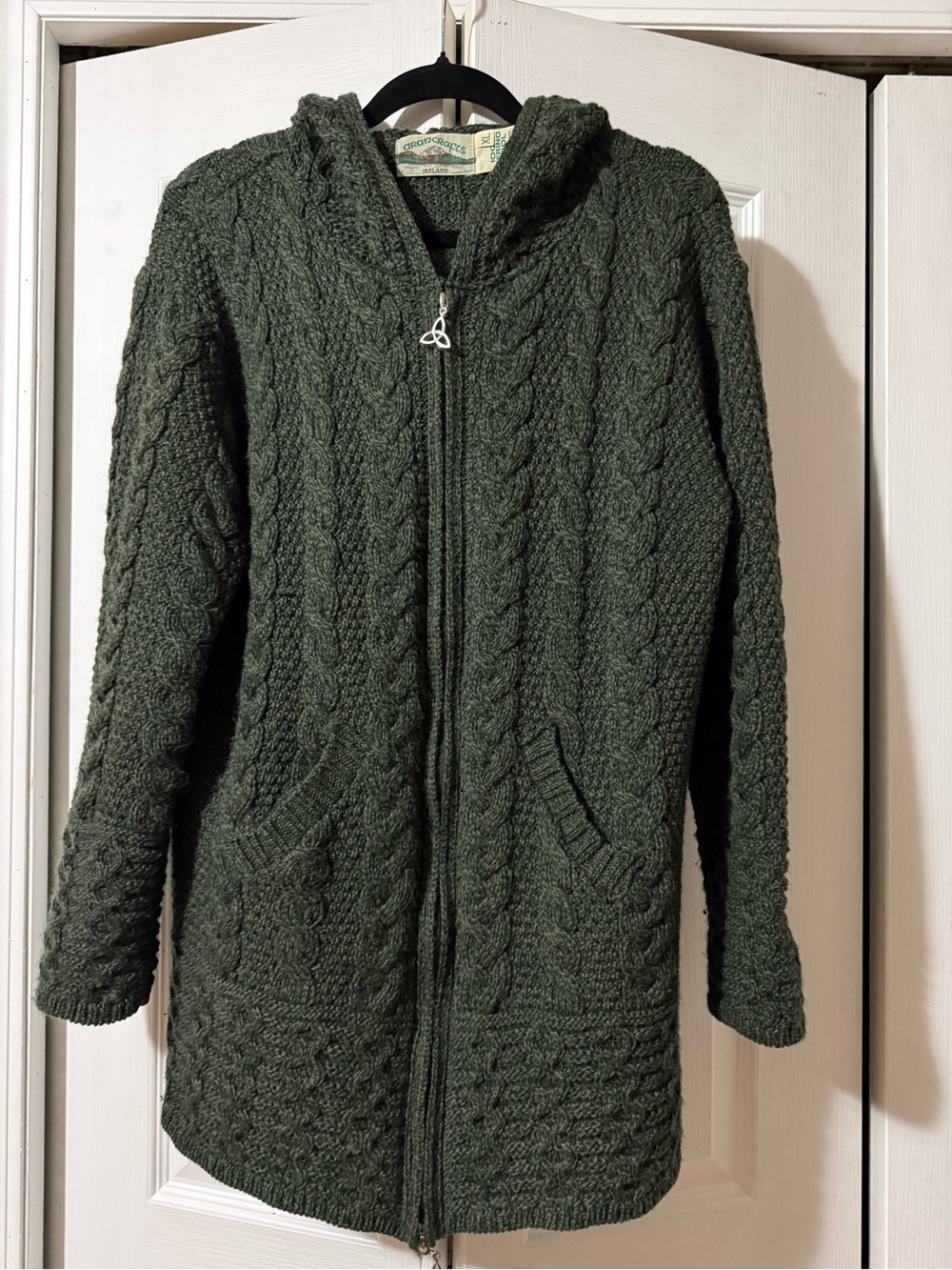 Aran Crafts Handcrafted Aran Hooded Zip Up Sweater Coat - Dark Green - XL